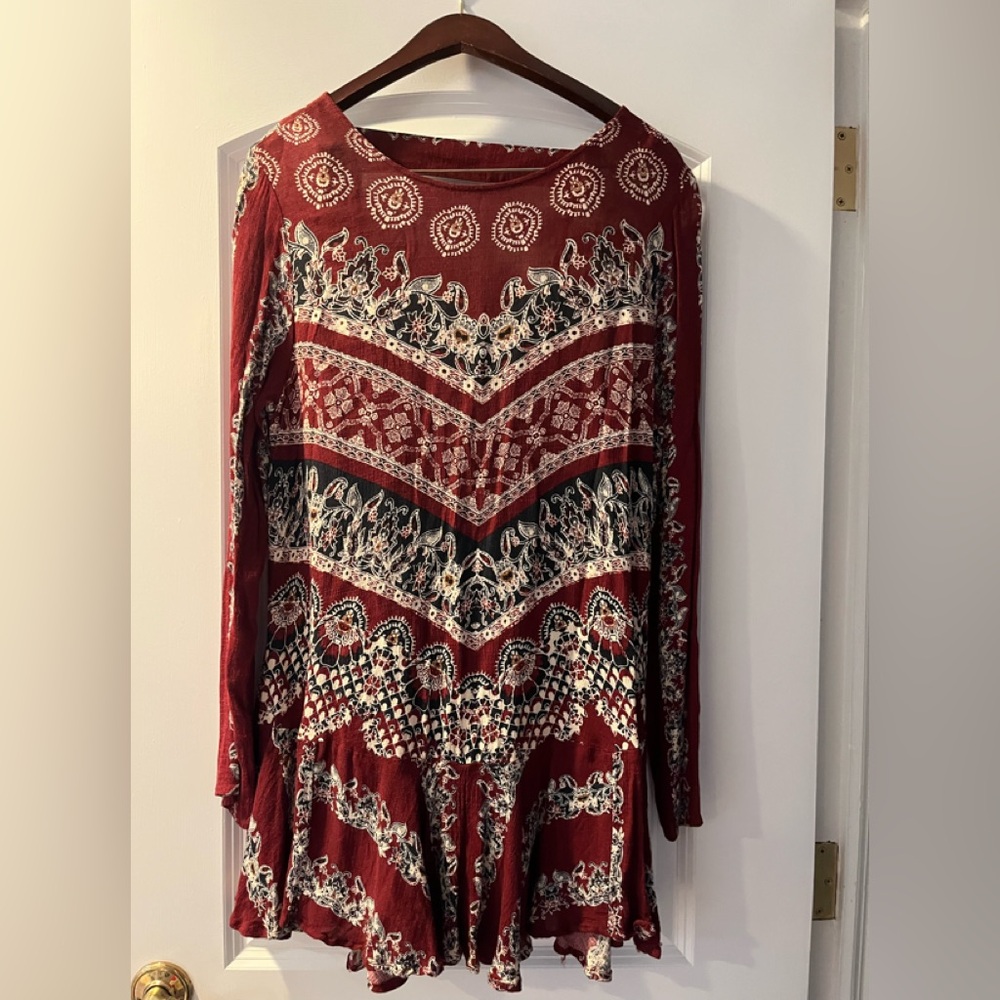 Free People Burgundy Patterned Long Sleeve Top